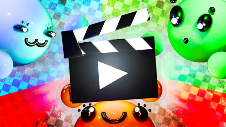 A black and white film clapperboard in front of glossy cartoon blobs on a checkered background