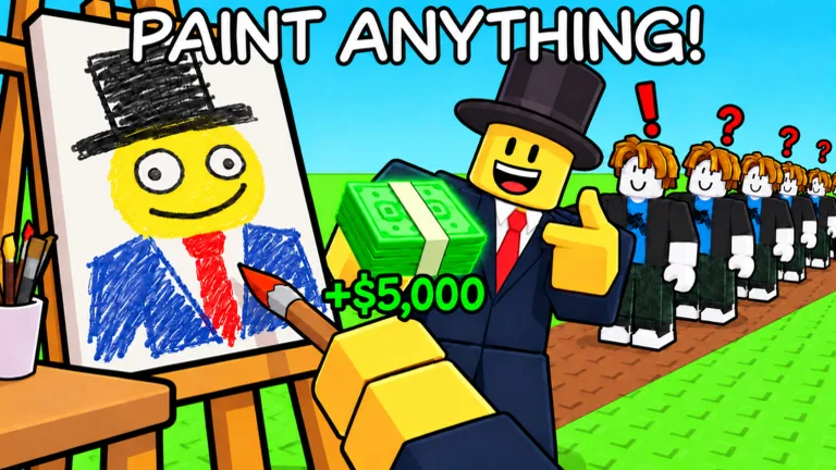 A blocky avatar in a top hat holds out a stack of cash beside an easel with a drawing of a smiling face, under the words PAINT ANYTHING
