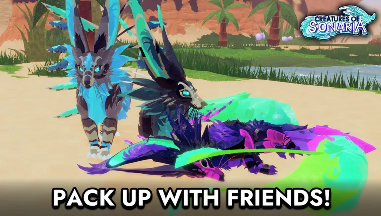 A blue, spiky creature stands on sand while a dark purple creature with pink and green markings lies beside it, under a Pack Up With Friends banner