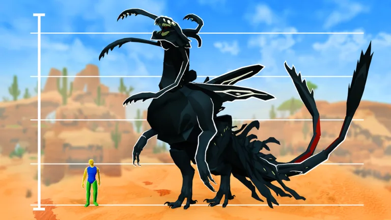 A huge black creature with long curled horns and a red tail stands beside a tiny Roblox avatar in front of a height chart