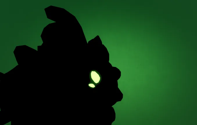 A black silhouette of a spiky creature head with one glowing green eye, against a green background