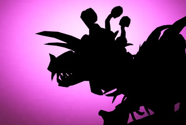 A black creature silhouette with stalked eyes and spikes on a pink background