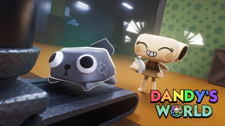 Grey cube Toon on a metal conveyor next to a smiling beige Toon holding a stopwatch in a green-papered room