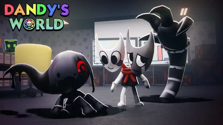 Two white masked Toons standing between a black Twisted with a red eye and a tall clawed Twisted in a dark office