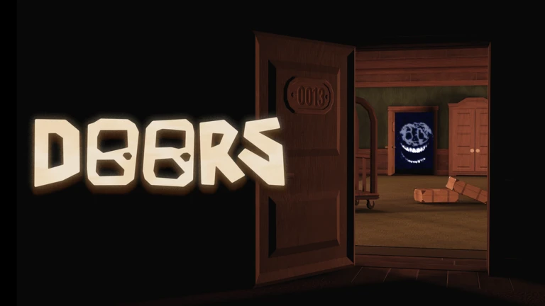 Wooden door numbered 0013 open onto a hotel room where a grinning blue face glows in a dark doorway