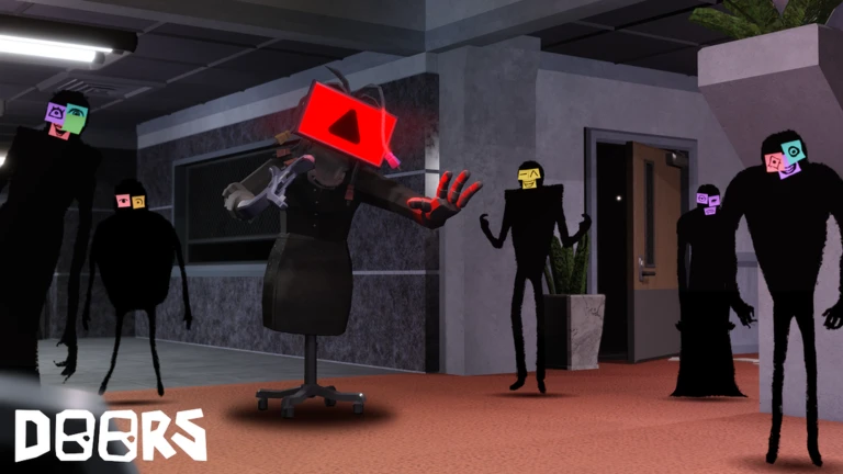 Tall black figures with colorful square faces stand around a figure with a red screen for a head on an office chair