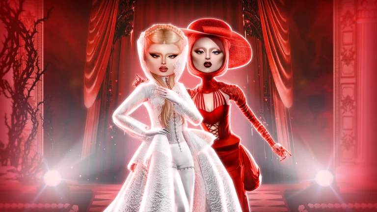 Two Dress To Impress avatars on a red runway with curtains, one in a white lace gown and one in a red dress and wide red hat
