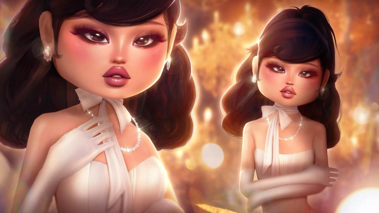 Close-up of a Dress To Impress avatar with dark curled hair, pearl necklace and white halter dress against warm golden lights
