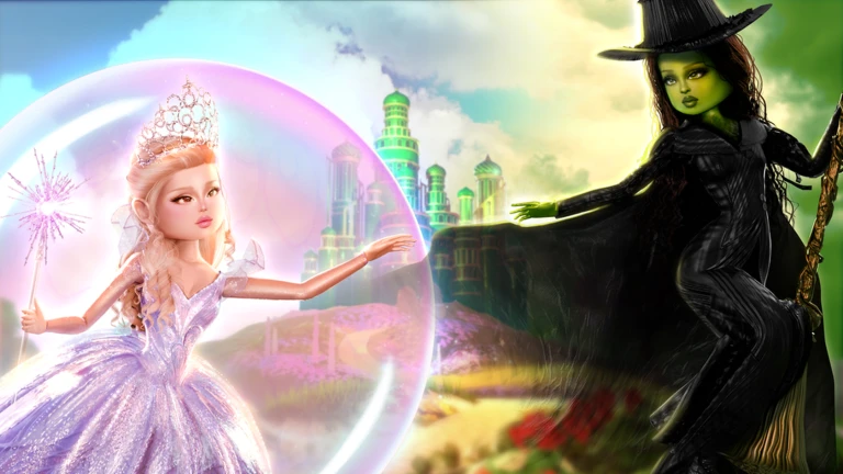 Two Dress To Impress avatars in Wicked-inspired looks, a pink gown in a bubble and a green-faced witch in black