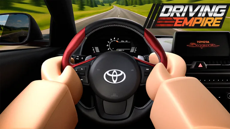 Driving Empire thumbnail: a first-person view of blocky hands on a Toyota steering wheel, looking down an open country road