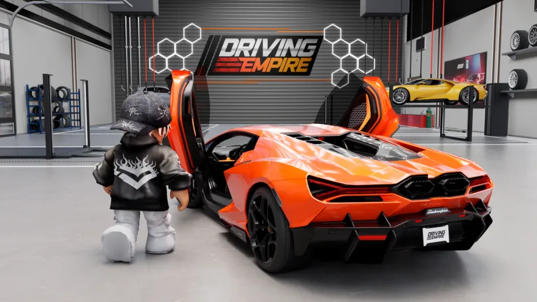 Driving Empire thumbnail: an avatar in a cap and black jacket stands beside an orange supercar with its doors raised in a tuning garage