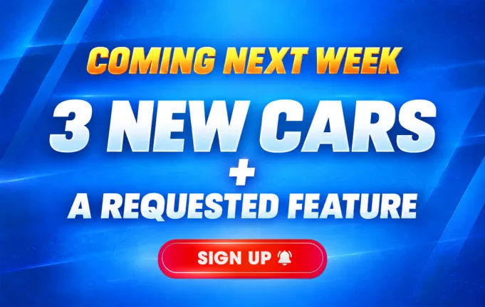 Driving Empire event art on a blue background: Coming Next Week, 3 New Cars plus a Requested Feature, with a red Sign Up button