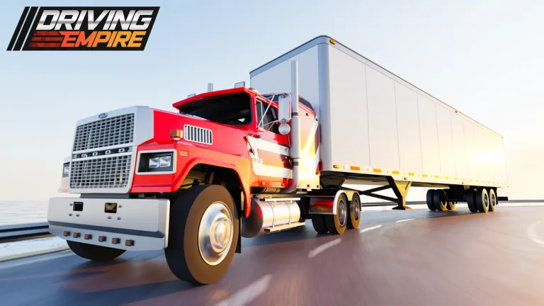 Driving Empire thumbnail: a red and white semi truck pulls a long white trailer down a highway at sunset
