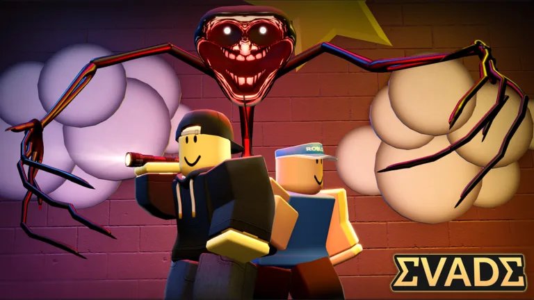 One Roblox avatar with a flashlight carries a limp teammate in front of a grinning red creature with long spider legs