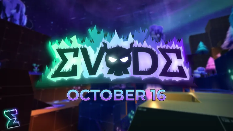 The Evade logo glows teal and violet over a dark Halloween map, with the words October 16