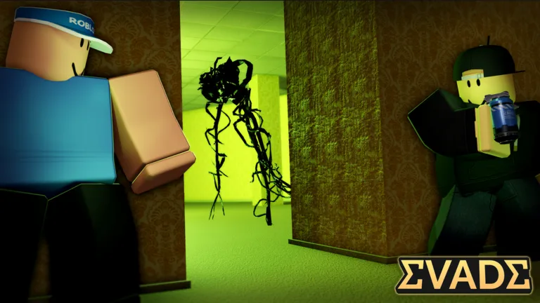 Two Roblox avatars hide on either side of a yellow-green hallway where a tall black shape with tangled limbs stands