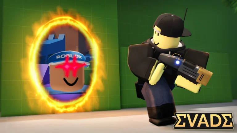 A Roblox avatar in a black cap holds a glowing gadget beside a ring of fire that frames a smiling face in a blue cap