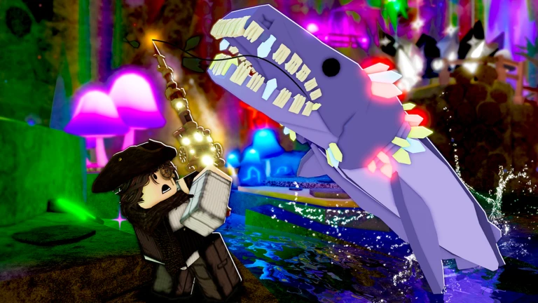 Blocky fisher in a tricorn hat gripping a glowing golden rod as a giant purple toothy fish bursts from the water in a neon mushroom cave