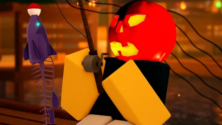 Fisher with a glowing jack-o-lantern head holding a rod on a night dock beside a purple skeletal fish