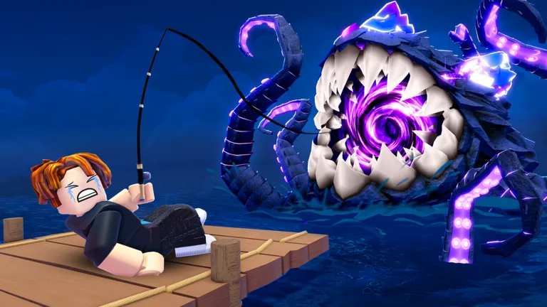 A blocky avatar on a raft at night faces a giant dark tentacled monster with a toothed mouth over a glowing purple whirlpool