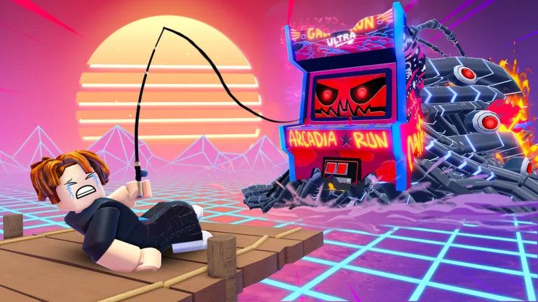 A blocky avatar on a raft at sunset faces a red arcade cabinet labeled ARCADIA RUN in a neon grid world, a robot looming behind it