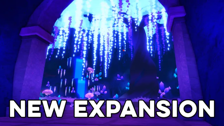 A cave grotto with glowing cyan crystal vines hanging around a dark tree, captioned NEW EXPANSION
