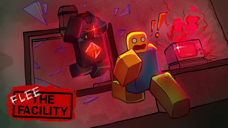 A blocky Beast in a dark mask swings a hammer at a scared yellow Survivor next to a computer, in a red-lit room