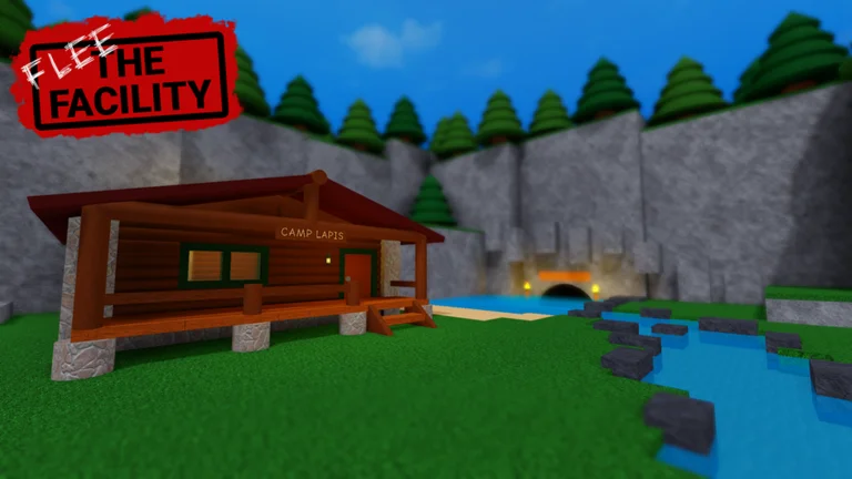 A wooden cabin with a sign by a river and pine trees under a blue sky in a Roblox map