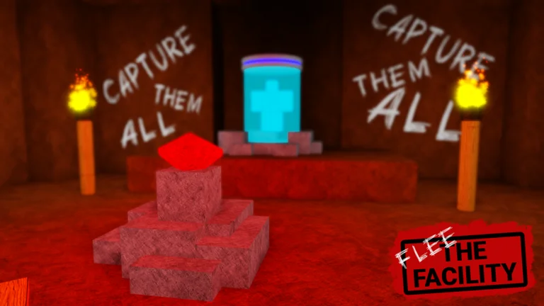 Glowing red diamond on a stone pedestal in front of a blue freeze pod, with the words Capture Them All painted on the walls