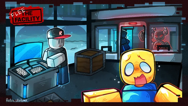 A Survivor in a cap types at a big computer while a scared Survivor looks on and a Beast appears behind a window
