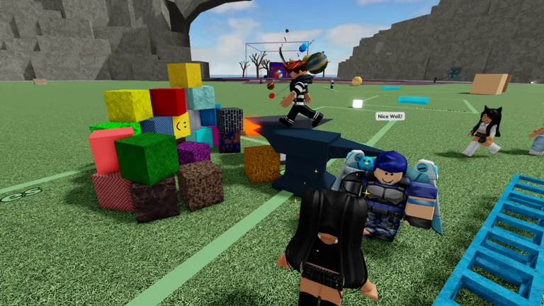 Several Roblox avatars on a grassy field next to stacked colored blocks and a blue ladder
