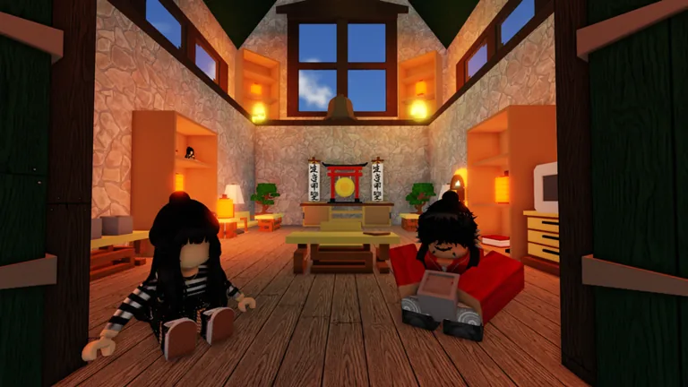 The inside of a wooden house with tall windows, a fireplace and a few avatars sitting on furniture