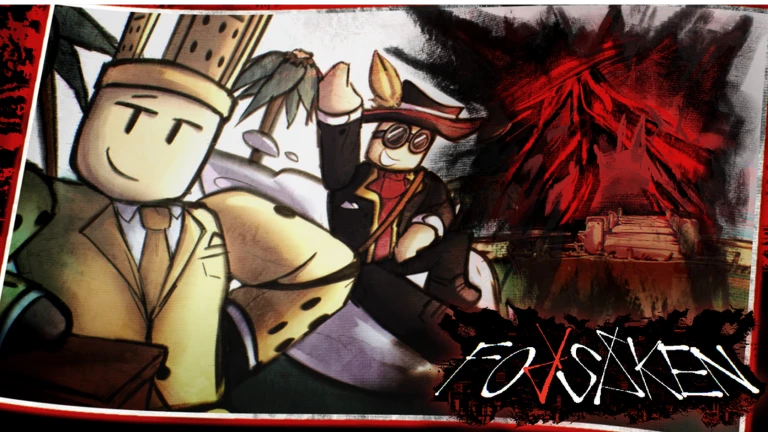 Cartoon Forsaken art of a smiling blocky character in a tan suit and crown beside a goggled pilot in a red cap