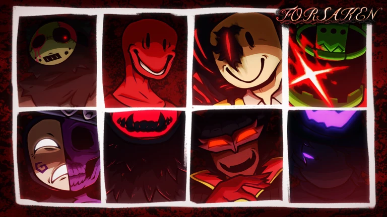 Grid of eight Forsaken character portraits in red and purple, most of them grinning or masked faces