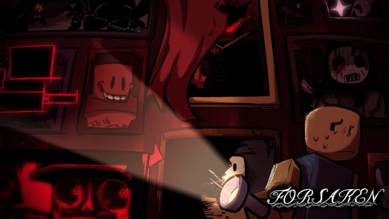 Dark room full of framed portraits, a flashlight beam cutting through the red gloom toward a blocky survivor