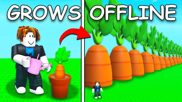 A Roblox avatar waters a small carrot in a pot, then stands beside a long row of giant carrots, under the words Grows Offline