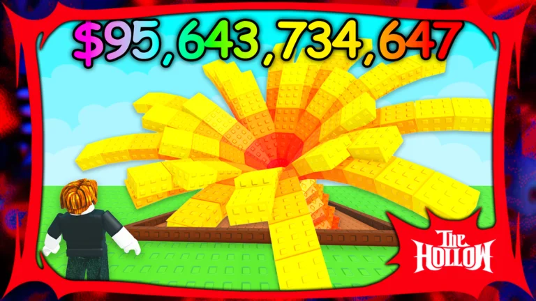 A Roblox avatar stands next to a huge yellow spiky plant in a red frame with The Hollow logo and a money total of 95,643,734,647