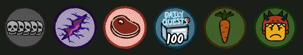 Six round badge icons: five skulls, a purple crack, a steak, a daily quests box marked 100, a carrot and a sad face in a red helmet