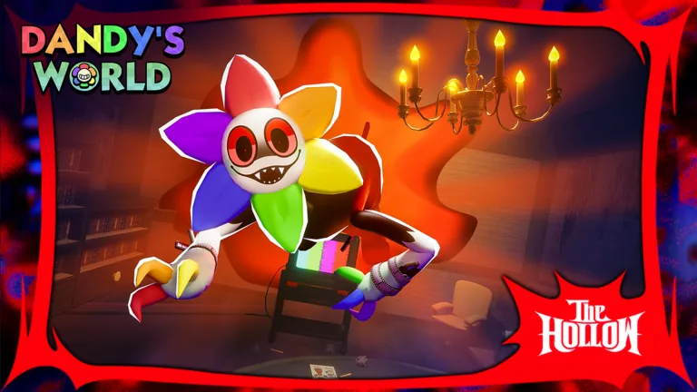 Dandy, a rainbow flower mascot with sharp teeth, leans out of a red frame in a candlelit room, with The Hollow logo in the corner