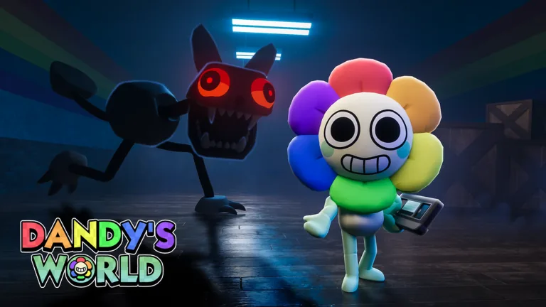 Dandy, the rainbow flower mascot, stands in a dark hallway holding a small device while a black cat-shaped Twisted with red eyes looms behind him