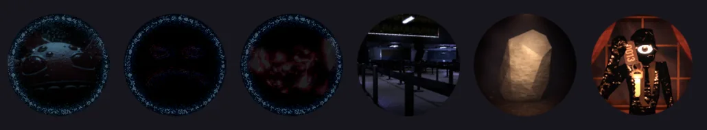 Six round badge icons, mostly dark: a red monster face, a shadowy grin, a red haze, a dim hallway, a pale rock and a figure beside a 0013 door