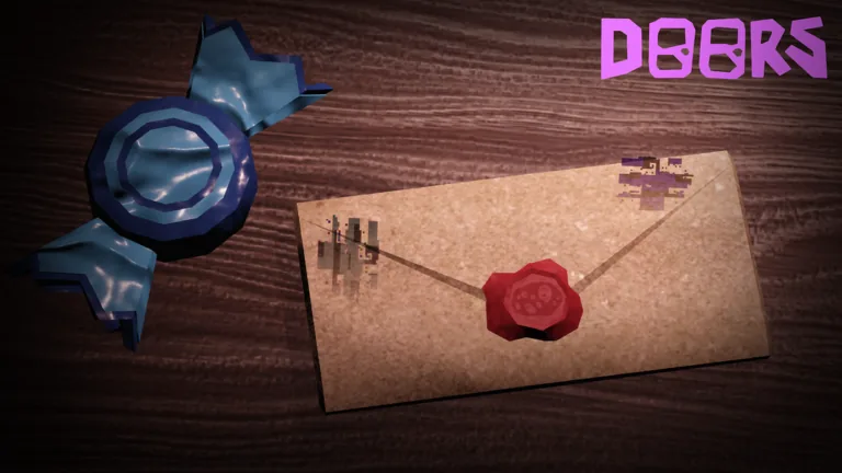 A wrapped blue candy beside an envelope sealed with red wax on a wooden table, with the DOORS logo in purple
