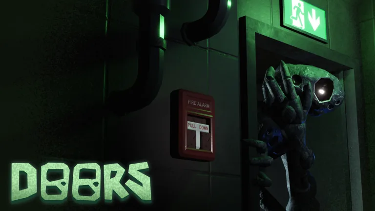 A dark green creature with a glowing eye leans out of a doorway under a green exit sign beside a fire alarm