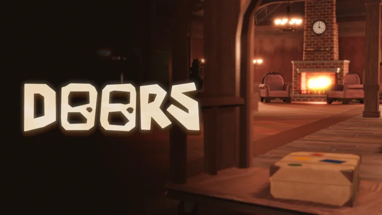 A warm hotel lobby with a brick fireplace, a clock and a small table, behind the DOORS logo