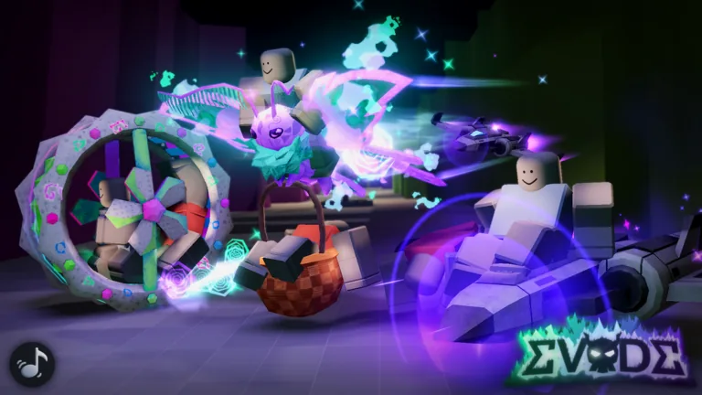 Three Roblox avatars ride carry animations, a gem-studded hamster wheel, a glowing moth and a white spaceship, in a dark purple room