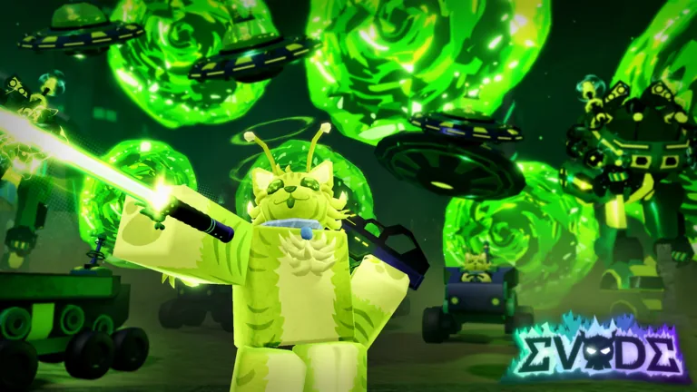 A Roblox avatar in a lime green cat costume with antennae fires a ray gun among green swirling portals and flying saucers, next to the Evade logo