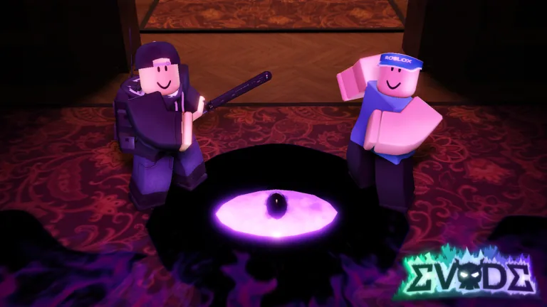 Two Roblox avatars, one holding a bat, stand on either side of a glowing purple hole in a dark room with a patterned carpet, beside the Evade logo
