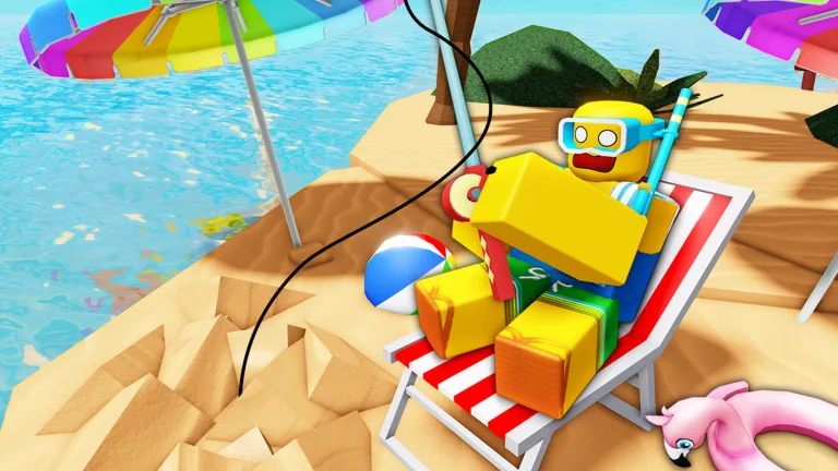 A Roblox angler in sunglasses and a snorkel relaxes on a beach chair under a rainbow umbrella with a beach ball and a flamingo float