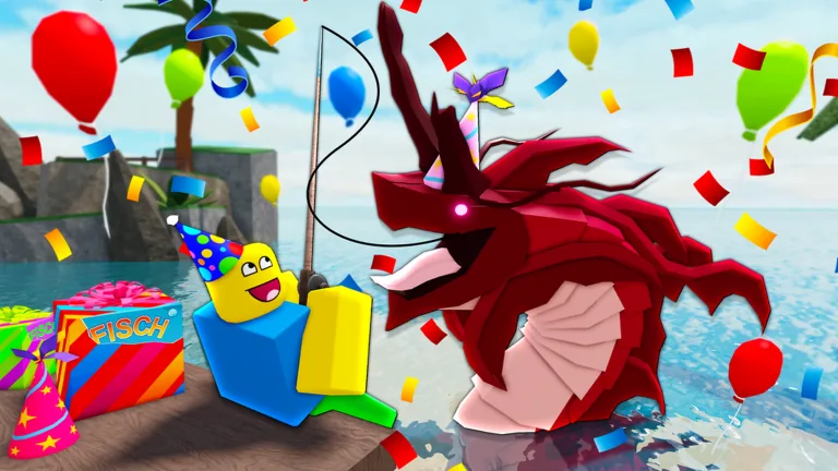 A red sea dragon in a party hat rises from the water beside a smiling yellow Roblox angler, balloons, confetti and a Fisch gift box