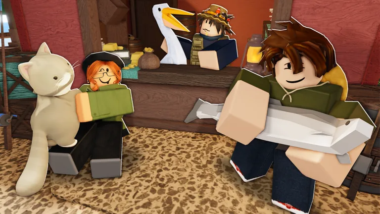 Two Roblox players hold a big white fish and a gray cat at a wooden fish shop while a pelican and a shopkeeper in a straw hat look on